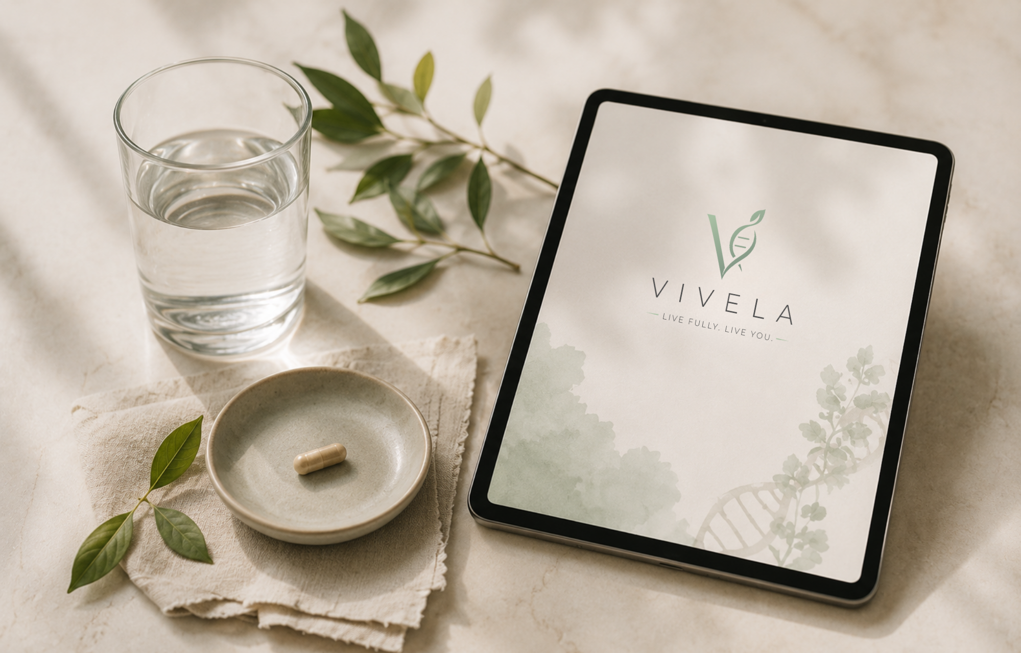 Vivela Tablet mit Glas Wasser und Kapsel